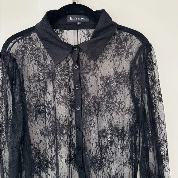 En Saison Black See Through Button Up Blouse size Large - Picture 3 of 4